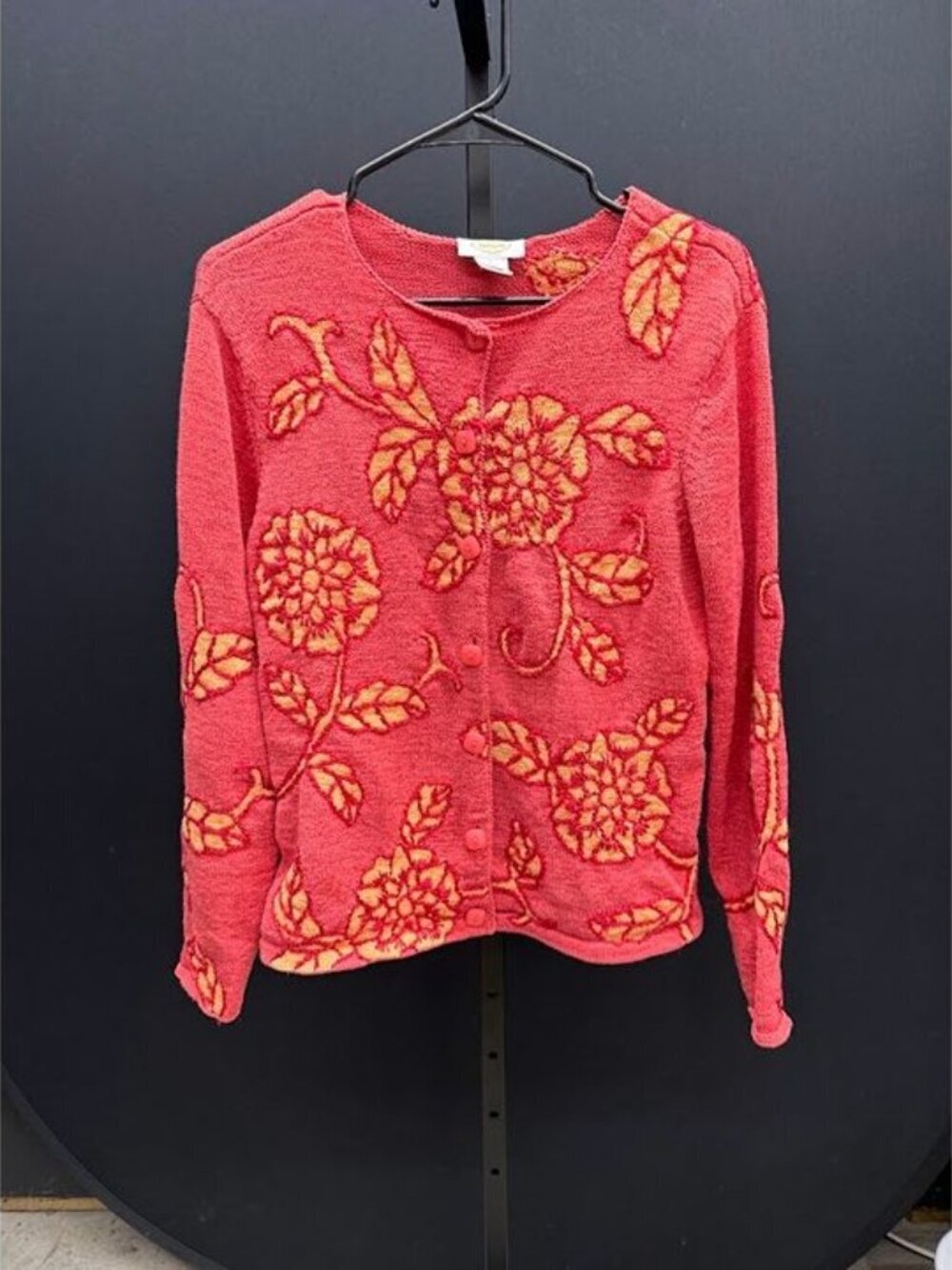 Talbots Pink Orange Floral Embroidered Button Cardigan Sweater